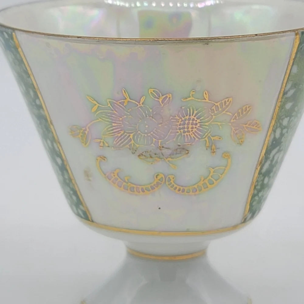 Japanese Lusterware Demitasse Cup Saucer Gold Trim Iridescent Floral Panels Vtg